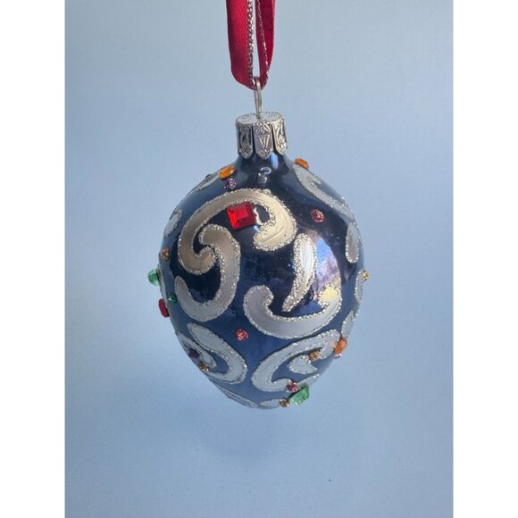 Waterford Sapphire Scroll Egg Jeweled Blown Glass Ornament Rare 1997 Handmade Co - Picture 5 of 7